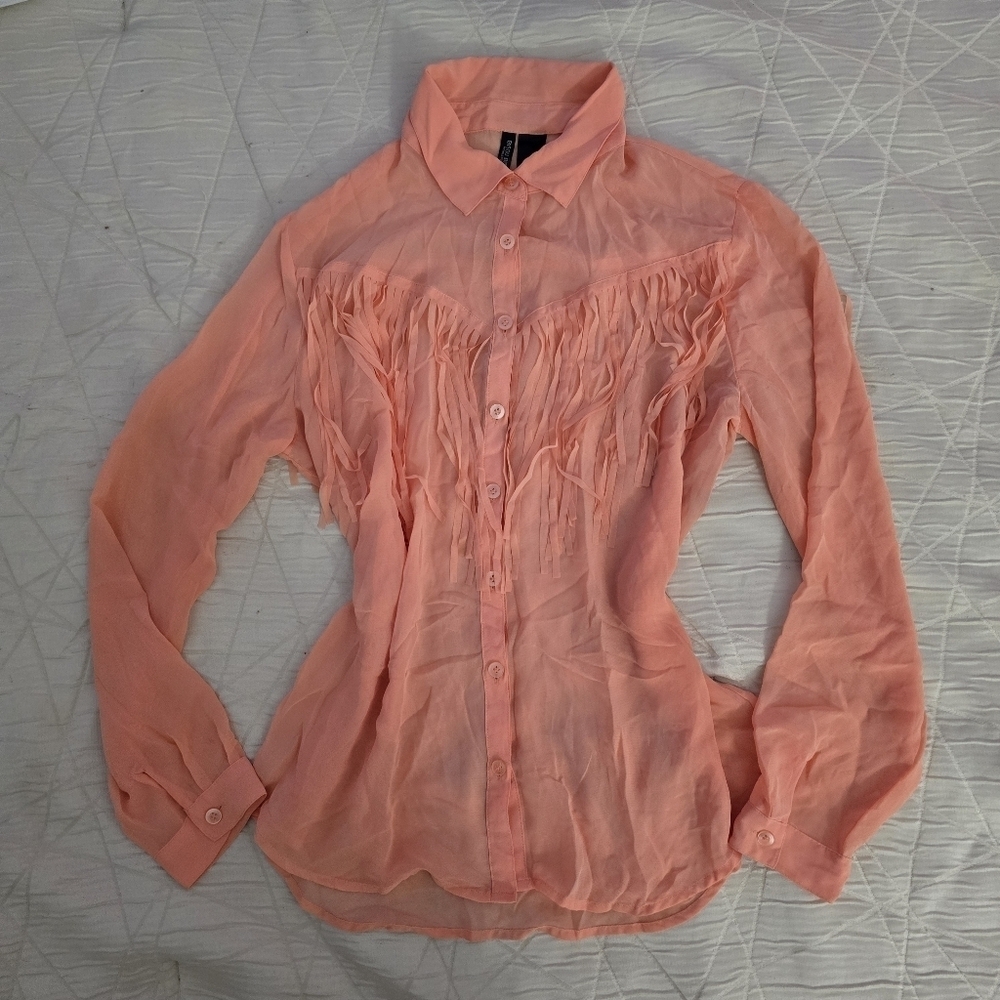 Bisou Bisou Michele Bohbot Sheer Western Fringe Button Up Top Size L